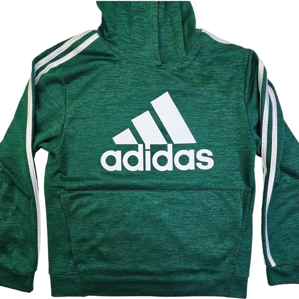 Adidas Boys XL 18/20 Green Heathered Pullover Hoodie 3-Stripe Logo Sweatshirt - Picture 1 of 11
